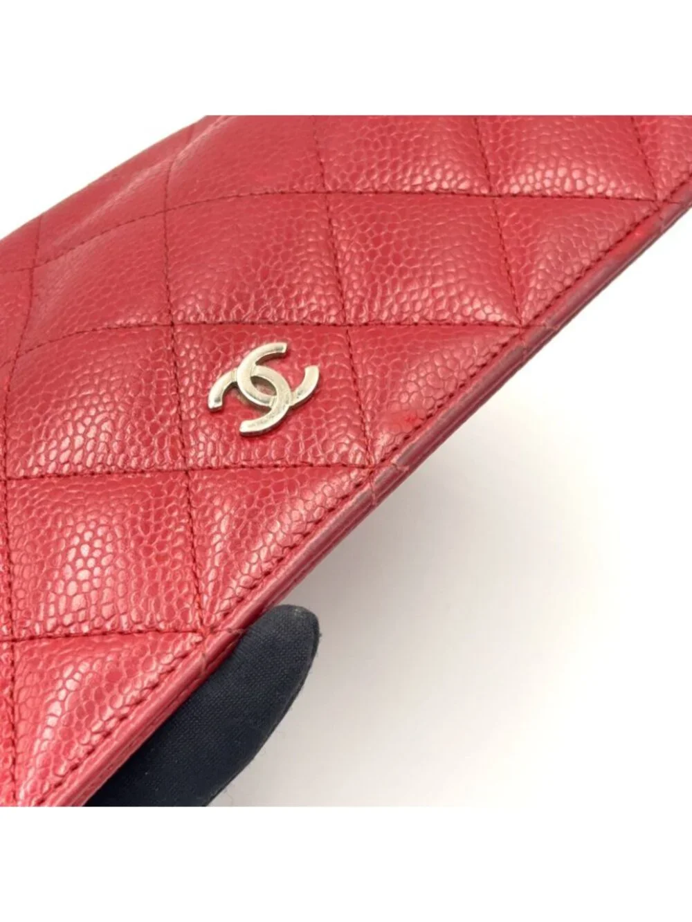 Chanel Quilted Caviar Leather Red Wallet Silver